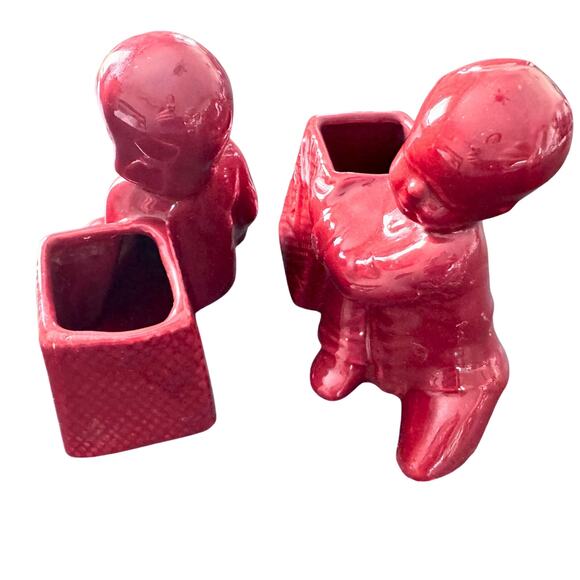Vintage Red Glazed Ceramic Boy & Girl Planter Pair – Oriental Style Bookends - Picture 3 of 8